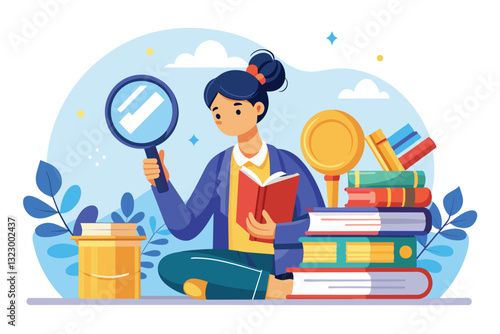 A student examines a book with a magnifying glass among various other educational resources around her, student holding magnifying glass and studying book, stack of books for research