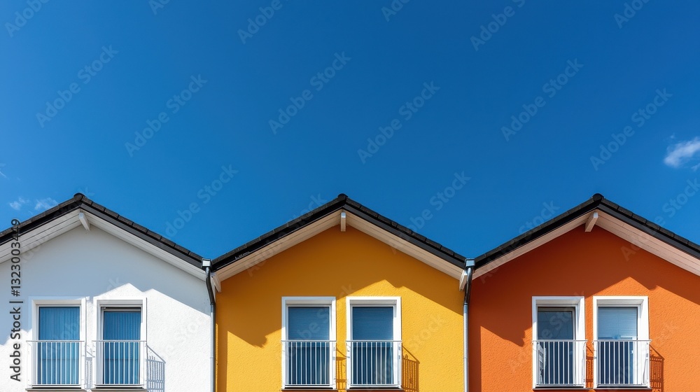 Colorful Modern Homes Against Blue Sky Displaying Unique Architectural Features and Vibrant Facades Colorful Modern Homes Against Blue Sky Displaying Unique Architectural Features and Vibrant Facades