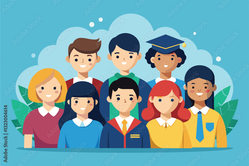 A cheerful gathering of students showcasing their achievements in a vibrant, friendly atmosphere, Students Customizable Semi Flat Illustration A cheerful gathering of students showcasing their achievements in a vibrant, friendly atmosphere, Students Customizable Semi Flat Illustration