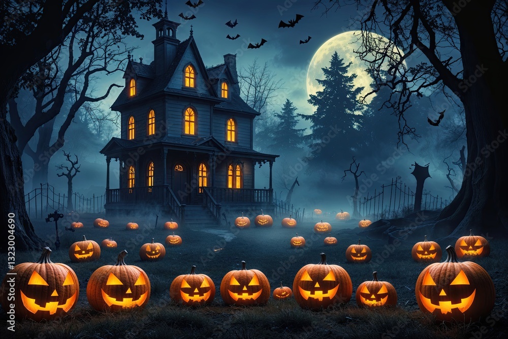 Fototapeta premium Creepy Halloween Scene with Jack O Lanterns Haunted Mansion and Dark Forest Nightscape