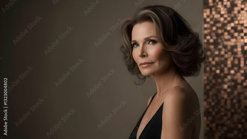 custom made wallpaper toronto digitalTimeless Beauty in a 50mm Lens: A Woman in Her Early Forties, Radiant Skin Stands Out on Soft Taupe with Subtle Bronze Mosaic Accents