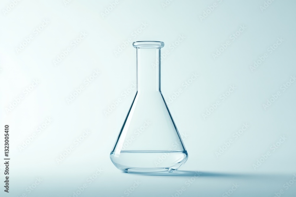 A laboratory flask containing liquid stands on a clean surface A laboratory flask containing liquid stands on a clean surface