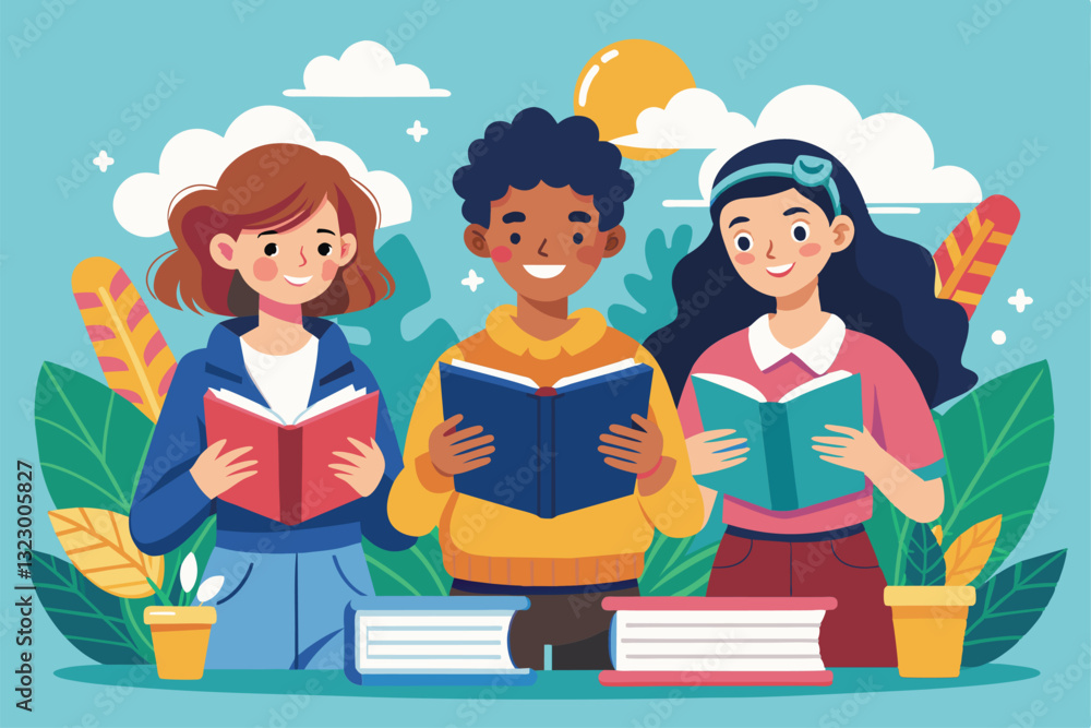 Three students joyfully read books together outside, enjoying the warm sunshine and vibrant surroundings, Students reading a book Three students joyfully read books together outside, enjoying the warm sunshine and vibrant surroundings, Students reading a book