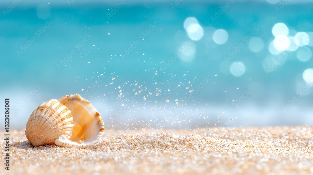 Seashell on Sandy Beach with Sparkling Ocean Water in Background Seashell on Sandy Beach with Sparkling Ocean Water in Background