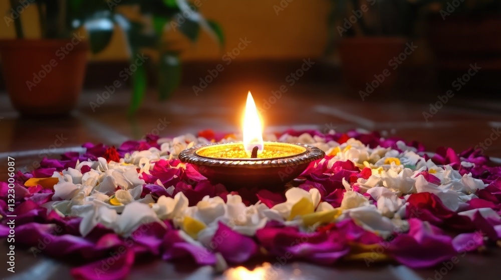 Fototapeta premium Elegant Pongal rangoli design made from fresh flower petals, surrounding a sacred lamp.