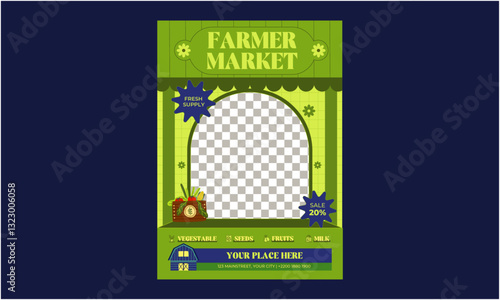Farmer Market Flyer. Farmers market invitation, vegetables, fruits and locally sourced farm food advertisement with geometric icons vector illustration. Bauhaus Scandinavian tiles.
