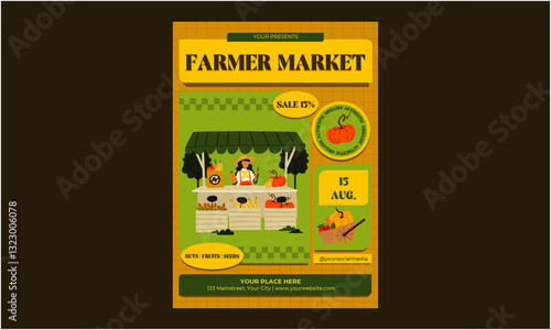 Farmer Market FlyerFarmer Market Flyer. Farmers market invitation, vegetables, fruits and locally sourced farm food advertisement with geometric icons vector illustration. Bauhaus Scandinavian tiles.
