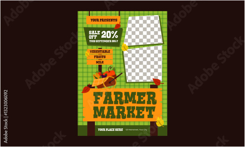 Farmer Market FlyerFarmer Market Flyer. Farmers market invitation, vegetables, fruits and locally sourced farm food advertisement with geometric icons vector illustration. Bauhaus Scandinavian tiles.
