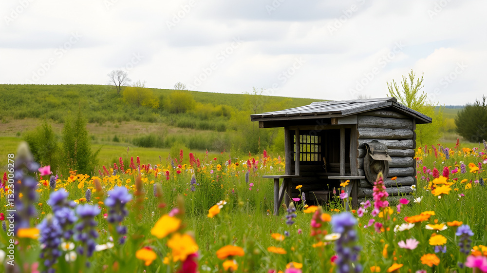 Spring meadow scene featuring a rustic hunting blind surrounded by vibrant wildflowers and lush greenery. Tranquil nature landscape. Spring meadow scene featuring a rustic hunting blind surrounded by vibrant wildflowers and lush greenery. Tranquil nature landscape.