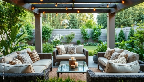 Cozy Outdoor Patio with Comfortable Furniture and String Lights for Relaxation