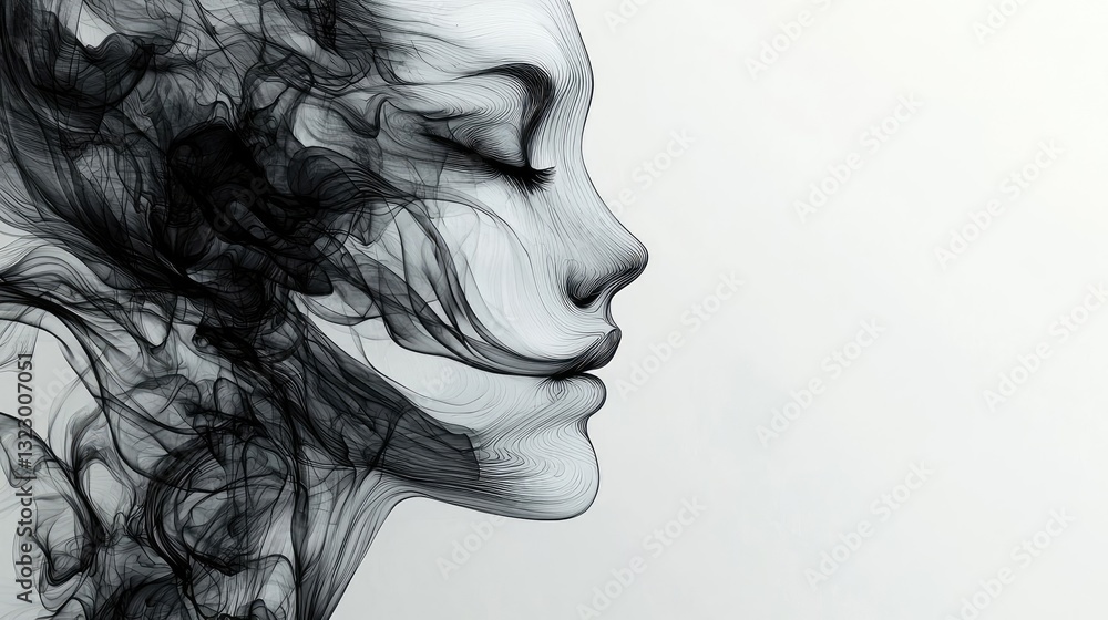 Fototapeta premium Ink illustration abstract background concept. A striking silhouette of a woman surrounded by flowing smoke, conveying deep emotions.