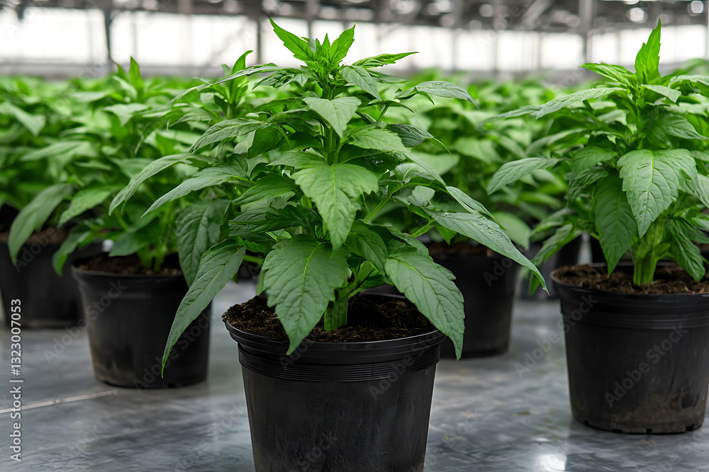 Green energy innovation. Healthy green plants in black pots growing in greenhouse environment Green energy innovation. Healthy green plants in black pots growing in greenhouse environment