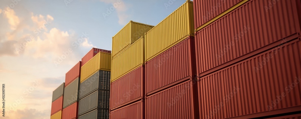 Fototapeta premium Colorful Shipping Containers Stacked Against a Blue Sky with Clouds in a Cloudy Background