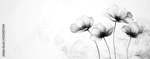 Ink illustration abstract background concept. Elegant black and white illustration of delicate flowers with flowing lines.