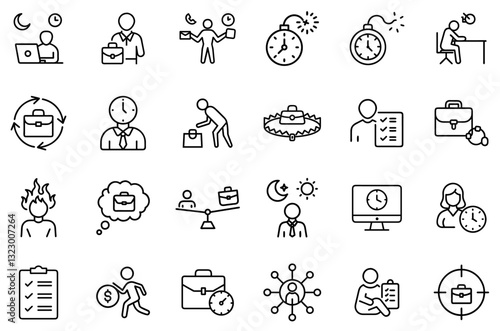 Business Time Management Icons Set – Productivity, Work-Life Balance, Deadlines, Office Workflow, Task Scheduling, Career Success, Business Efficiency, Leadership, Corporate Strategy, Entrepreneurship