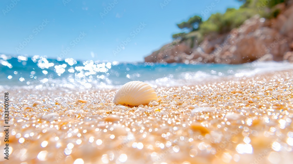 Discover Shell on Sandy Beach with Glimmering Ocean Waves in the Background Discover Shell on Sandy Beach with Glimmering Ocean Waves in the Background