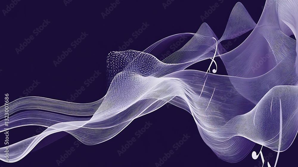 Fototapeta premium Abstract musical wave with flowing white notes on dark background, futuristic sound visualization