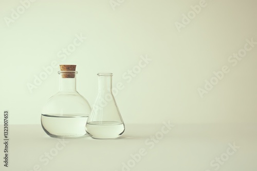 Two glass laboratory flasks containing clear liquid on a white surface