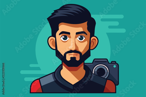 A talented photographer with a distinct style stands ready to capture creative portraits in a lively studio, Studio photographer Customizable Disproportionate Illustration