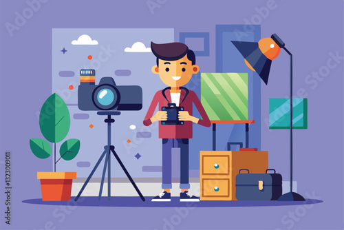A cheerful photographer is readying equipment in a colorful studio, showcasing vibrant decor and tools, Studio photographer Customizable Flat Illustration