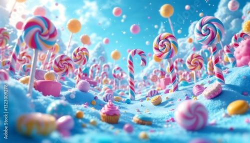 Candy Landscape with Colorful Lollipops, Candy Canes, and Pastel Treats