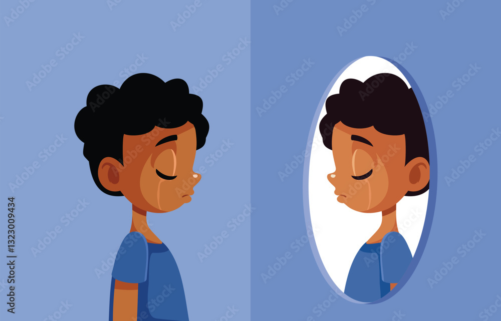 Unhappy Depressed Boy Looking in the Mirror Vector Illustration. Anxious sad little child feeling insecure and abandoned
Unhappy Depressed Boy Looking in the Mirror Vector Illustration. Anxious sad little child feeling insecure and abandoned