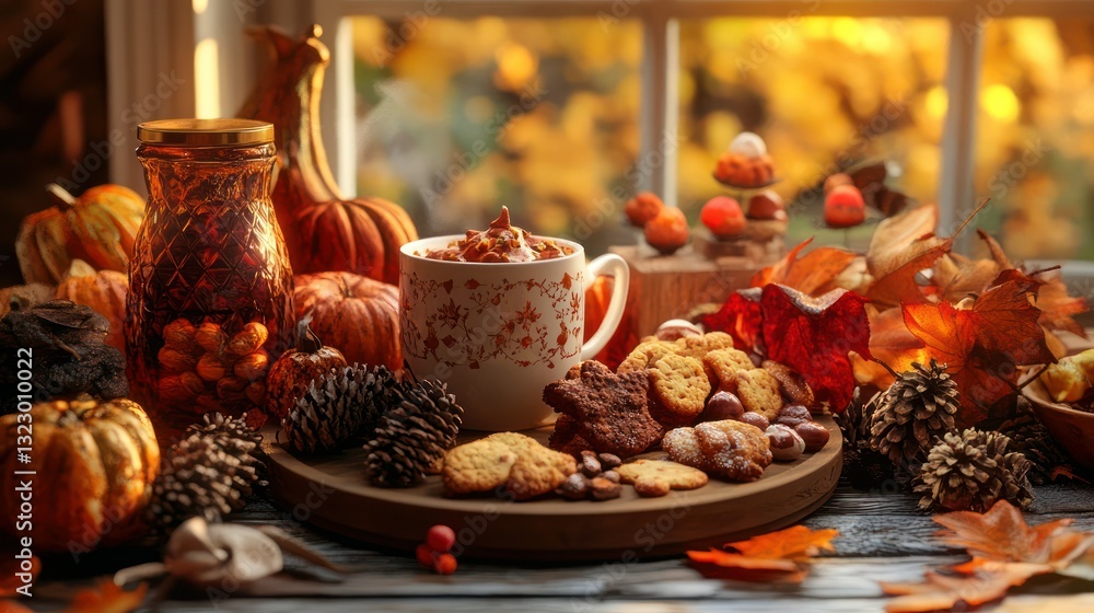 Autumn window coffee cozy scene Autumn window coffee cozy scene
