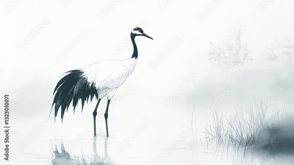 Fototapeta premium Ink illustration abstract background concept. A serene crane standing gracefully in a misty landscape, embodying tranquility.
