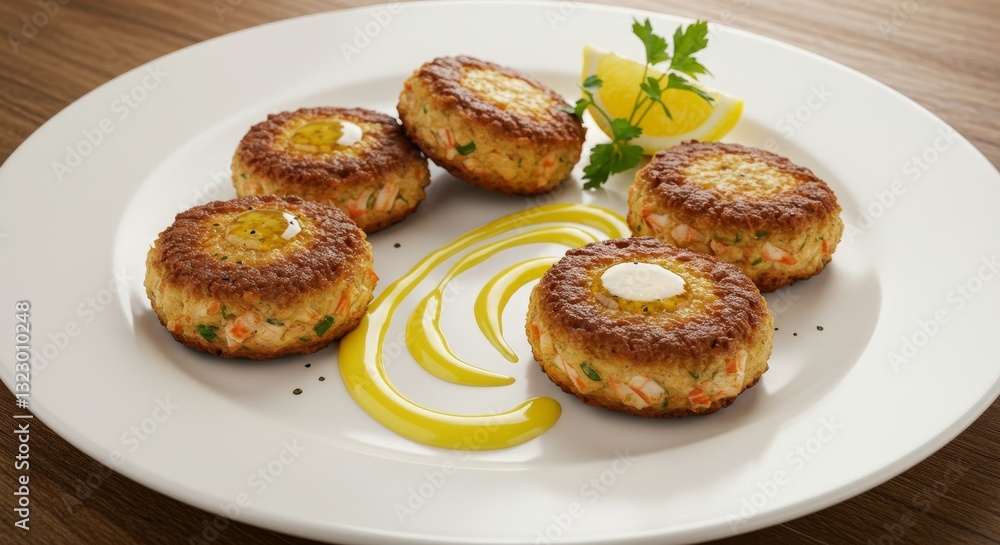 Gourmet Delights: A close-up shot showcasing perfectly crafted fish cakes on a pristine white plate, garnished with a zesty lemon wedge and vibrant herbs, all served in a fine dining experience. Gourmet Delights: A close-up shot showcasing perfectly crafted fish cakes on a pristine white plate, garnished with a zesty lemon wedge and vibrant herbs, all served in a fine dining experience.
