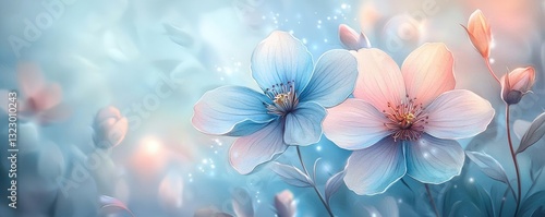 Floral illustration abstract background idea. Delicate pastel flowers bloom in a soft, ethereal setting, evoking tranquility and beauty.