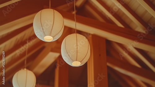 Japanese paper lanterns illuminate wooden beams. AI generated