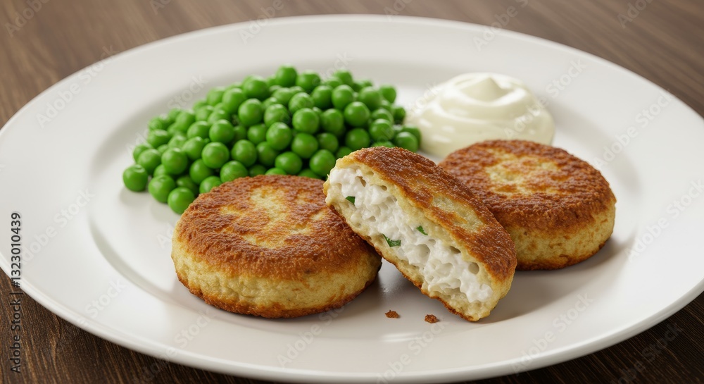 Golden Fish Cakes: A tantalizing plate features perfectly cooked golden fish cakes alongside a vibrant serving of green peas and a dollop of creamy sauce. Golden Fish Cakes: A tantalizing plate features perfectly cooked golden fish cakes alongside a vibrant serving of green peas and a dollop of creamy sauce.