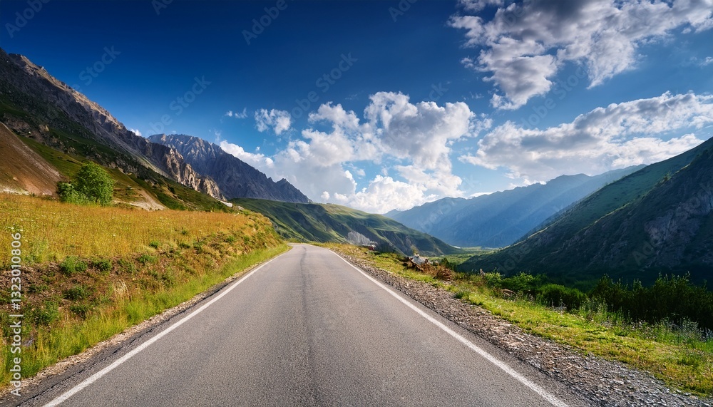 an old mountain asphalt road against the backdrop of mountains and bright blue sky with white clouds used as a background or texture