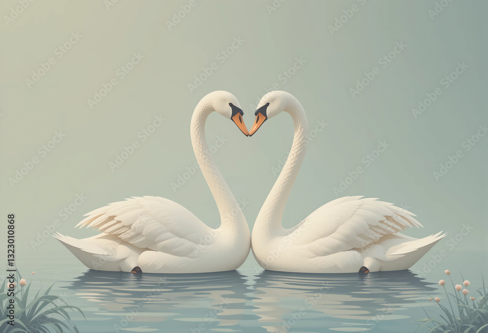 Fototapeta premium Two elegant swans form a heart shape with their necks while floating on a lake illustration