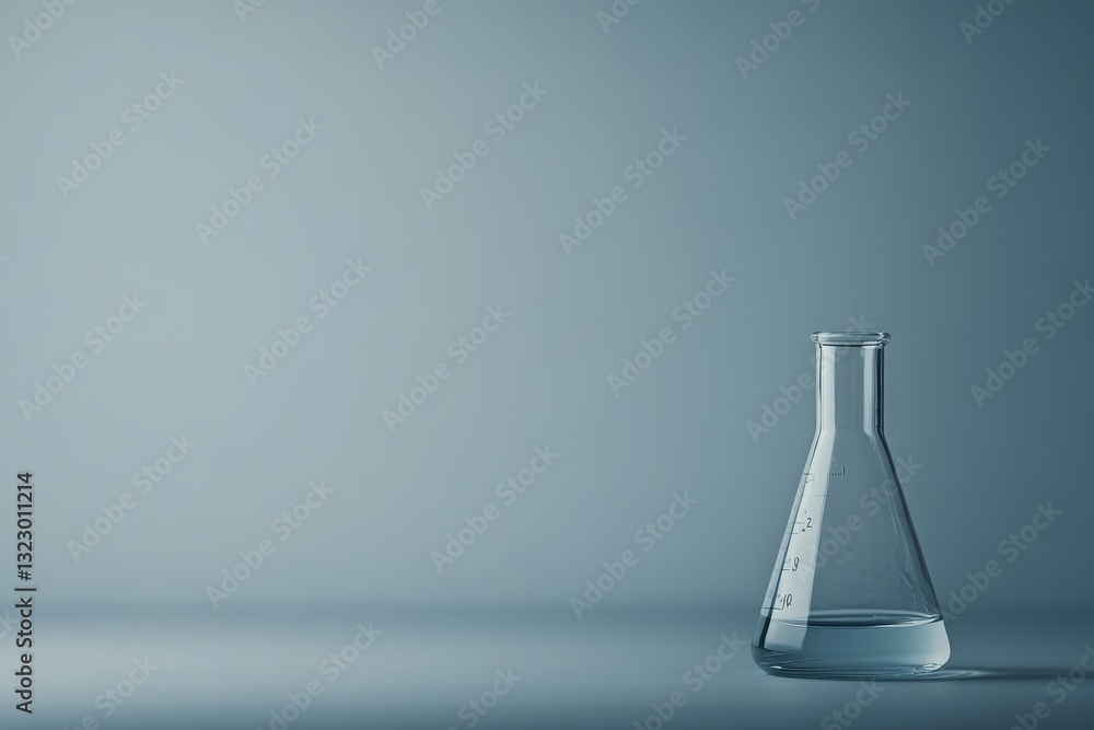 A solitary glass flask holding liquid on a clean surface A solitary glass flask holding liquid on a clean surface