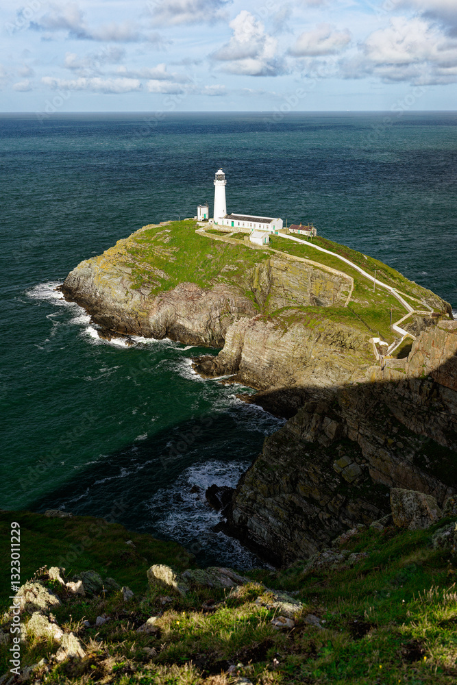 South Stack lighthouse near Holyhead on the island of Anglesey, north Wales, UK. Looking west into the Irish Sea