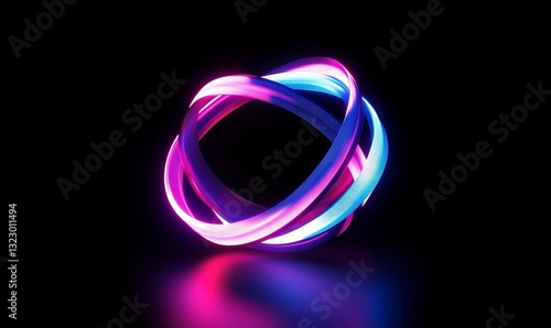 3d render. Abstract neon wallpaper. Glowing dynamic lines over black background. Light drawing trajectory. Fluorescent ribbon