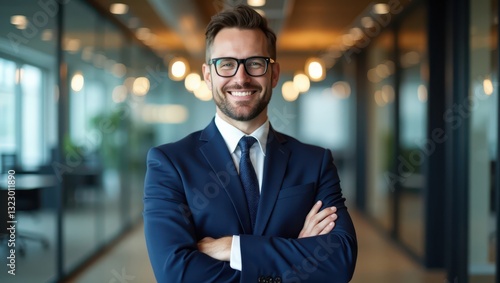 Wallpaper Mural A well-groomed businessman with glasses, standing confidently in a sleek corporate office. He wears a navy-blue suit and has his arms crossed while smiling at the camera. The background features a gla Torontodigital.ca