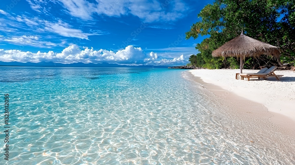 Fototapeta premium Relaxing Beach Scene with Clear Water and Thatched Umbrella