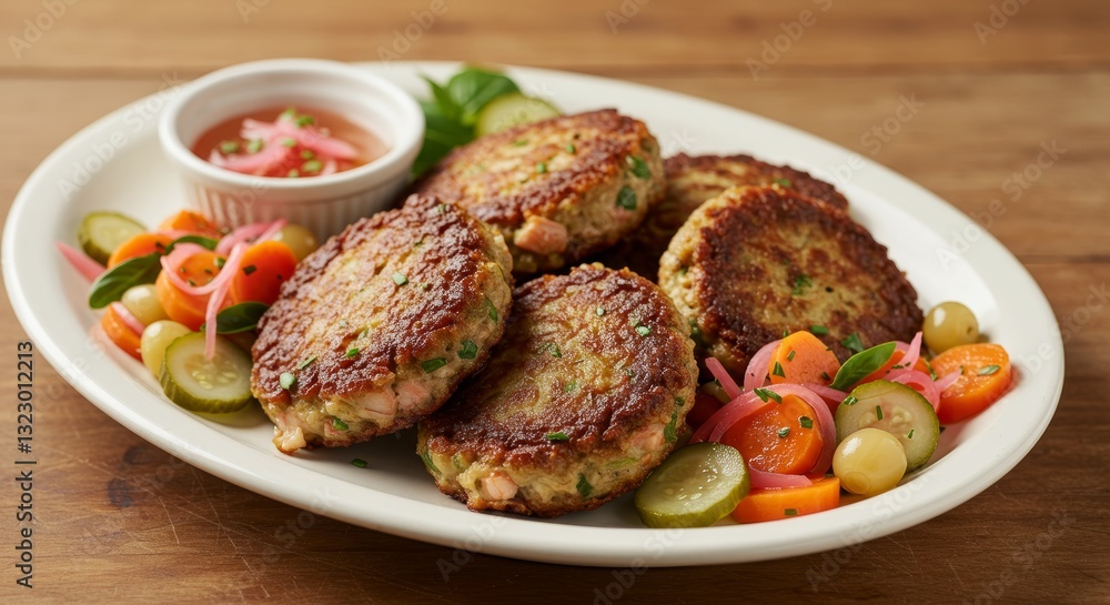 Delicious Plate of Falafel: A culinary delight featuring golden-brown falafel patties artfully arranged on a plate alongside fresh, colorful pickled vegetables and a small bowl of dipping sauce. Delicious Plate of Falafel: A culinary delight featuring golden-brown falafel patties artfully arranged on a plate alongside fresh, colorful pickled vegetables and a small bowl of dipping sauce.
