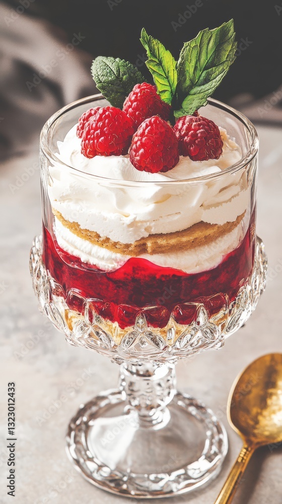 Natural trifle dessert with raspberries, cream and sponge cake in a glass copy space.