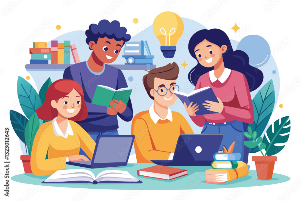 Four students are collaborating at a table surrounded by books, plants, and a light bulb, focusing on their work, Studying together Four students are collaborating at a table surrounded by books, plants, and a light bulb, focusing on their work, Studying together