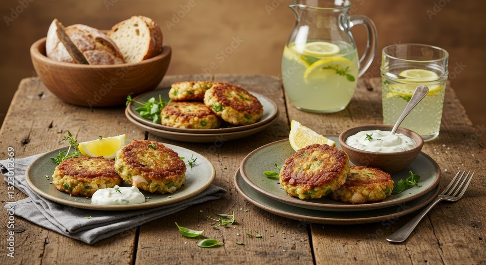 Culinary Delight: Gourmet crab cakes, artisan bread, and refreshing lemonade present a delightful meal on a rustic wooden table, a feast for the senses Culinary Delight: Gourmet crab cakes, artisan bread, and refreshing lemonade present a delightful meal on a rustic wooden table, a feast for the senses