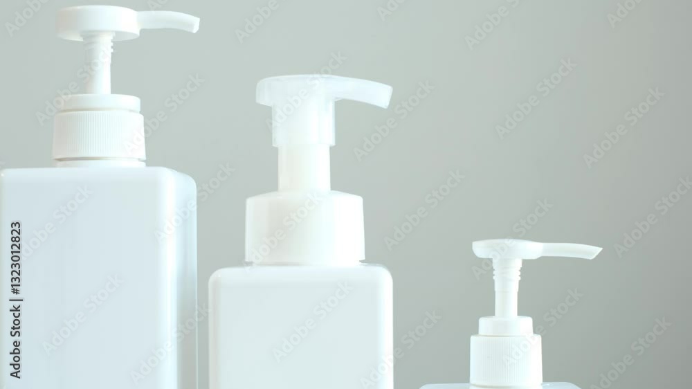 White plastic bottles with detergents on gray background side view. White plastic bottles with detergents on gray background side view.
