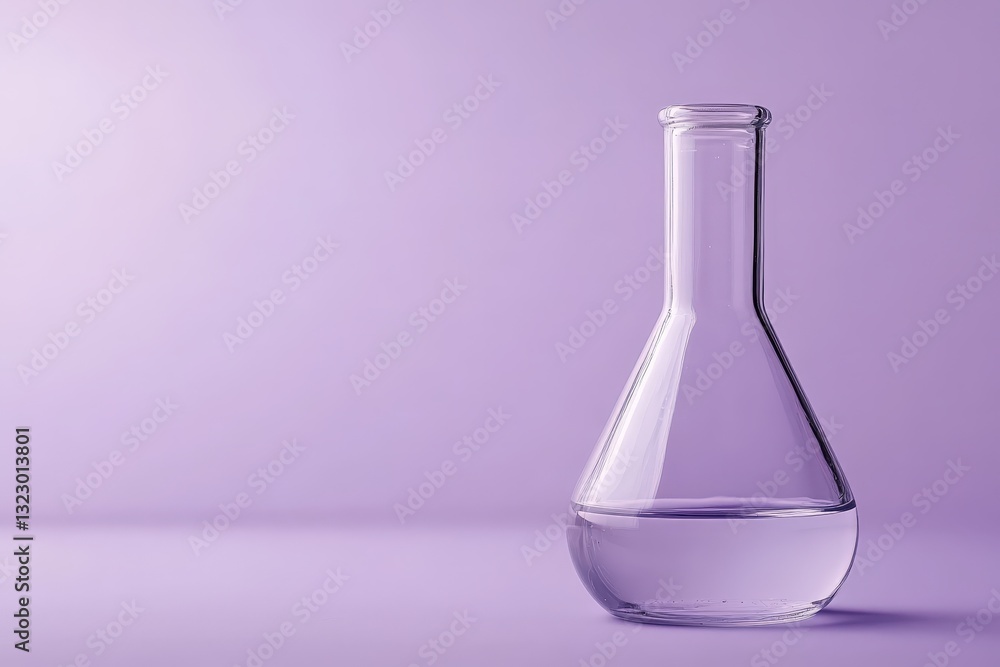 A laboratory flask containing clear liquid sits on a flat surface A laboratory flask containing clear liquid sits on a flat surface