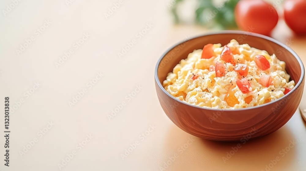 Fluffy Scrambled Eggs with Fresh Tomatoes in a Wooden Bowl Fluffy Scrambled Eggs with Fresh Tomatoes in a Wooden Bowl