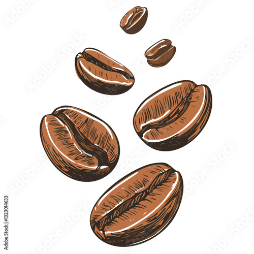 Floating roasted coffee beans captured in mid-air against a dark background, highlighting their rich texture and deep brown color.

