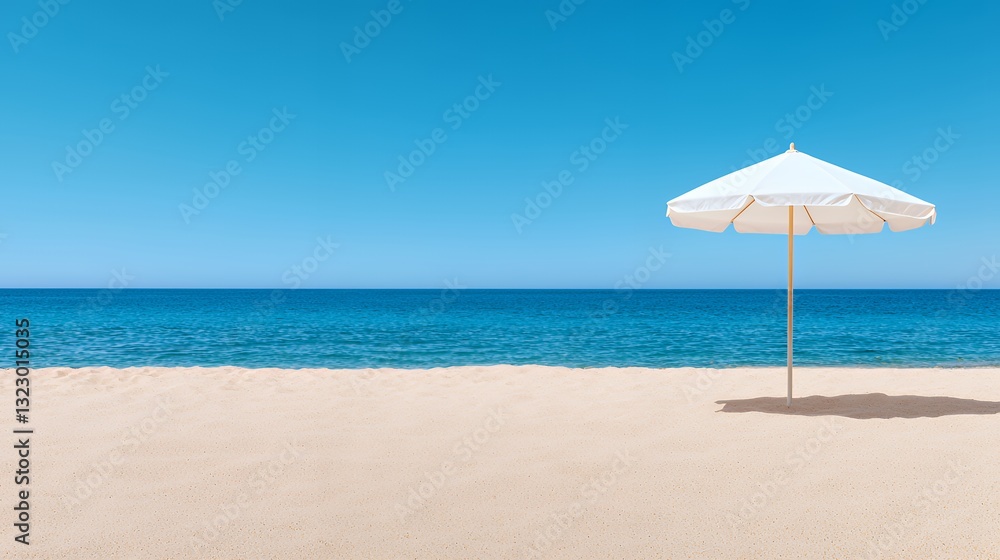 Relaxing Beach Scene with White Umbrella Sand and Blue Ocean Relaxing Beach Scene with White Umbrella Sand and Blue Ocean