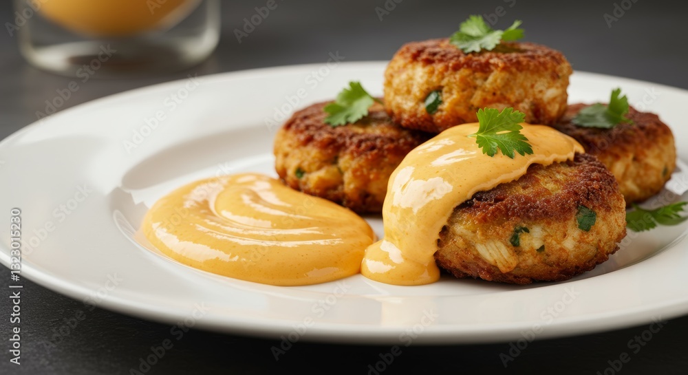 Exquisite Crab Cakes: A close-up captures perfectly golden, restaurant-quality crab cakes artfully plated with vibrant sauce on a classic white dish, creating a tempting culinary scene. Exquisite Crab Cakes: A close-up captures perfectly golden, restaurant-quality crab cakes artfully plated with vibrant sauce on a classic white dish, creating a tempting culinary scene.