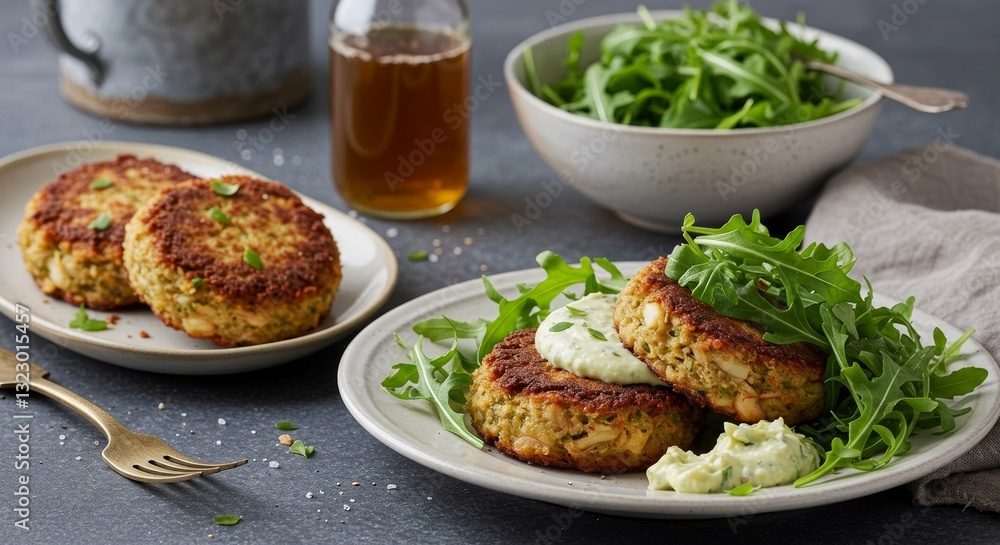 Gourmet Crab Cakes: Captivating the senses, the image showcases golden-brown crab cakes artfully arranged with vibrant arugula and delicate sauces, accompanied by a refreshing drink. Gourmet Crab Cakes: Captivating the senses, the image showcases golden-brown crab cakes artfully arranged with vibrant arugula and delicate sauces, accompanied by a refreshing drink.